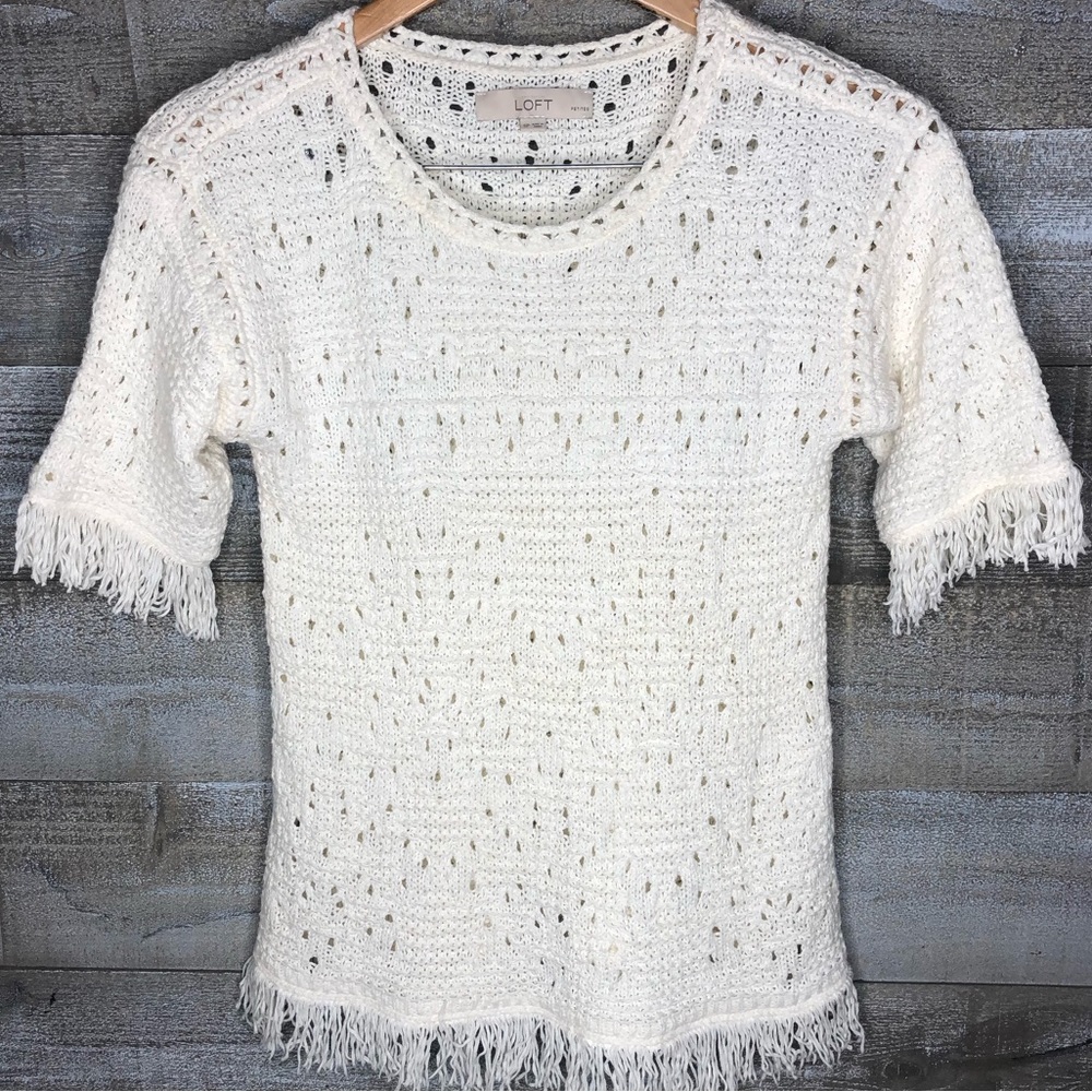 Ann Taylor Loft white frayed spotted shirt blouse SP